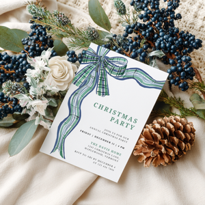 Classic Christmas Party Invitation Tartan Bow L57