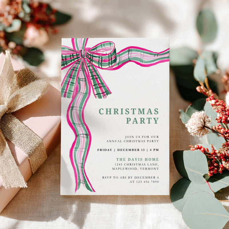 Pink Green Plaid Bow Christmas Party Invitation L57