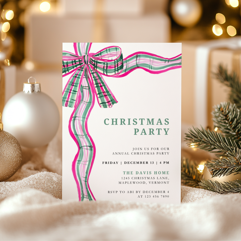 Pink Green Plaid Bow Christmas Party Invitation L57