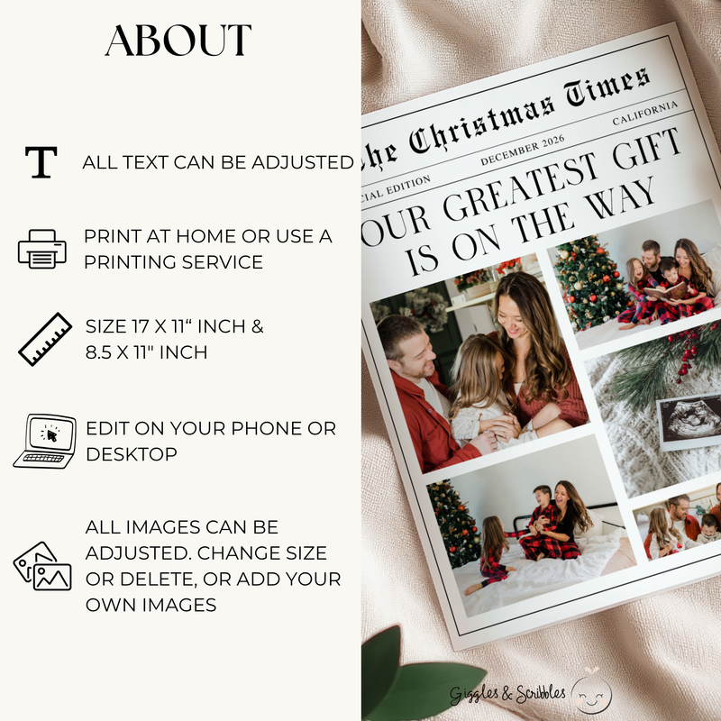 Christmas Pregnancy Announcement Newspaper Template Foldable NP4