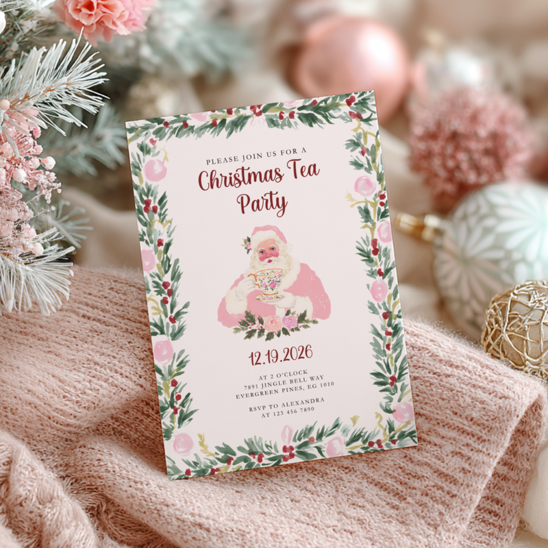 Pink Preppy Christmas Tea Party Invitation L72