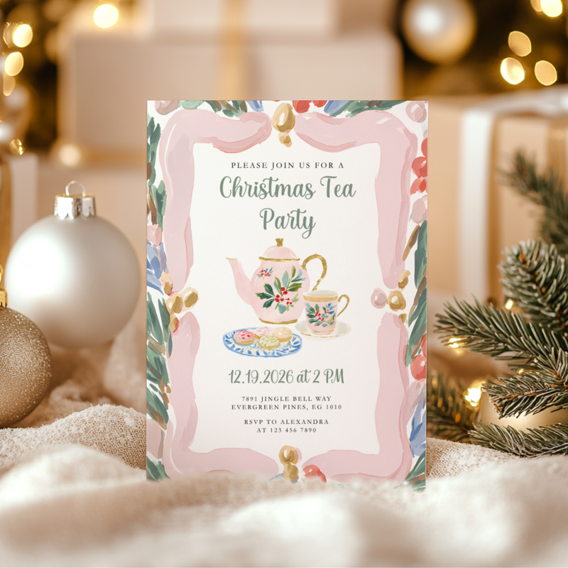Christmas Tea Party Invitation Hand Drawn Pastels L74