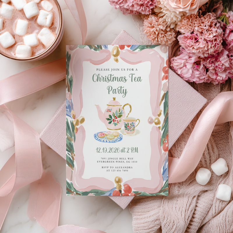 Christmas Tea Party Invitation Hand Drawn Pastels L74