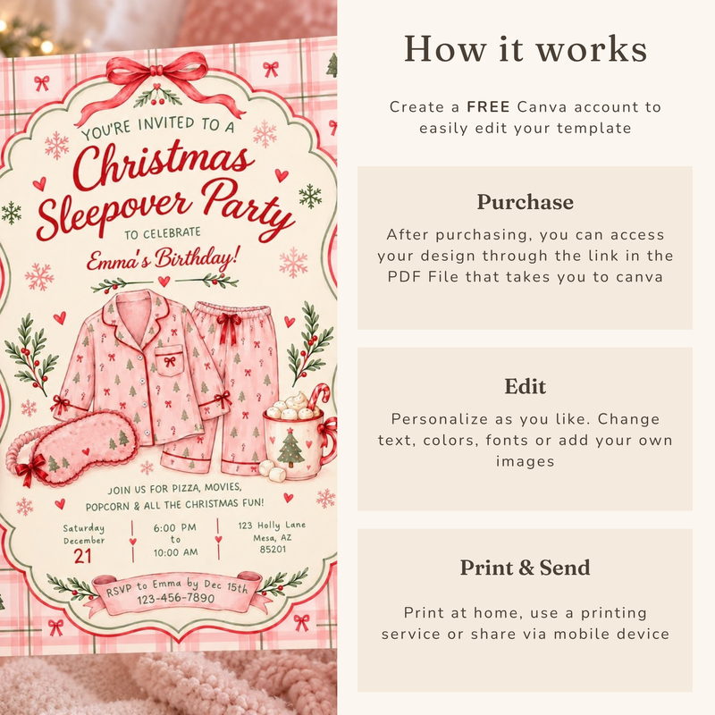 Pink Christmas Pajama Party Sleepover Invitation L184