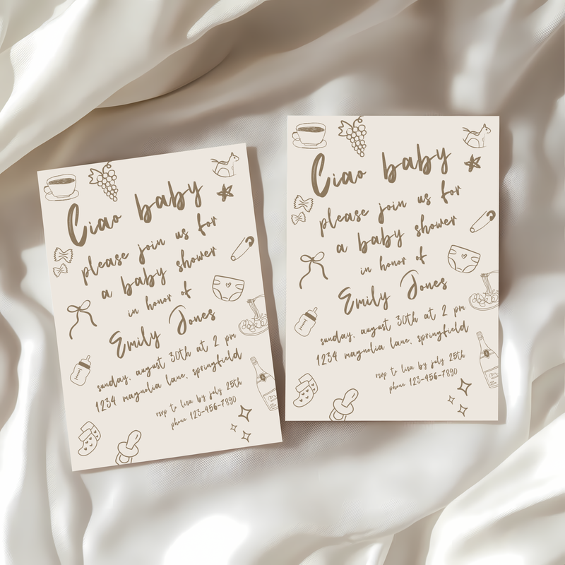 Baby Shower Invitation - Ciao Baby Italian Neutral Beige Lunch Dinner Party BS119