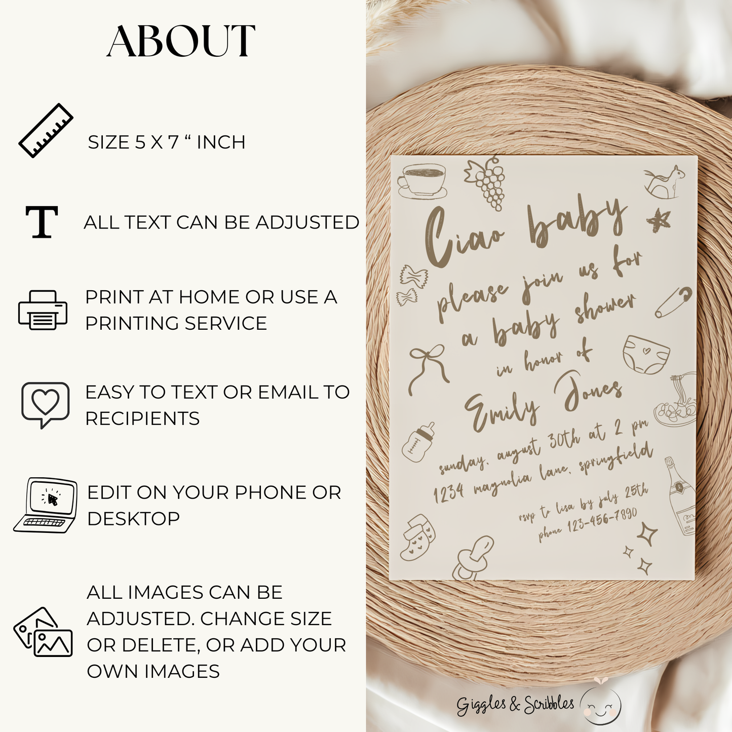 Baby Shower Invitation - Ciao Baby Italian Neutral Beige Lunch Dinner Party BS119