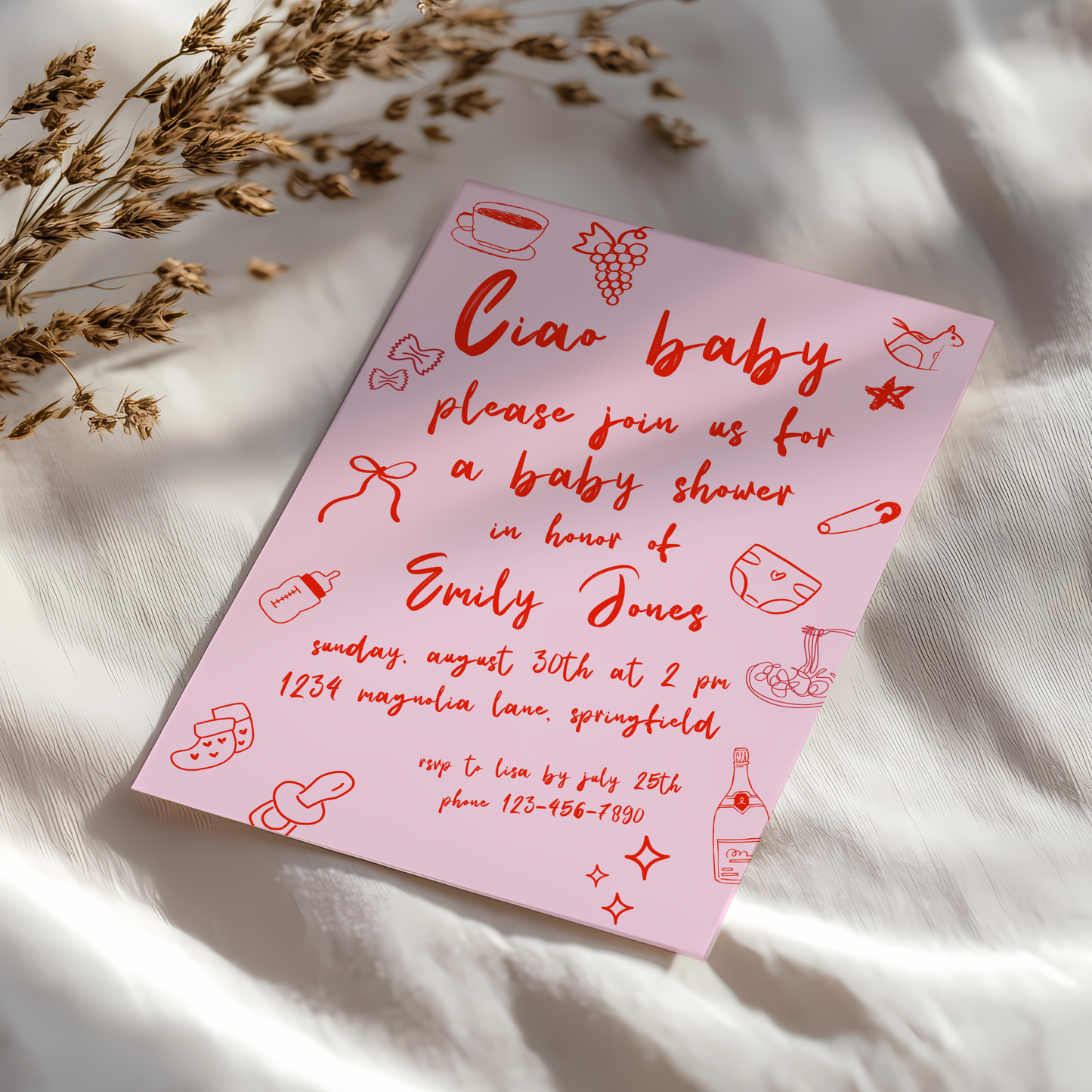 Baby Shower Invitation - Ciao Baby Italian Pink Bambina Lunch Dinner Party BS119
