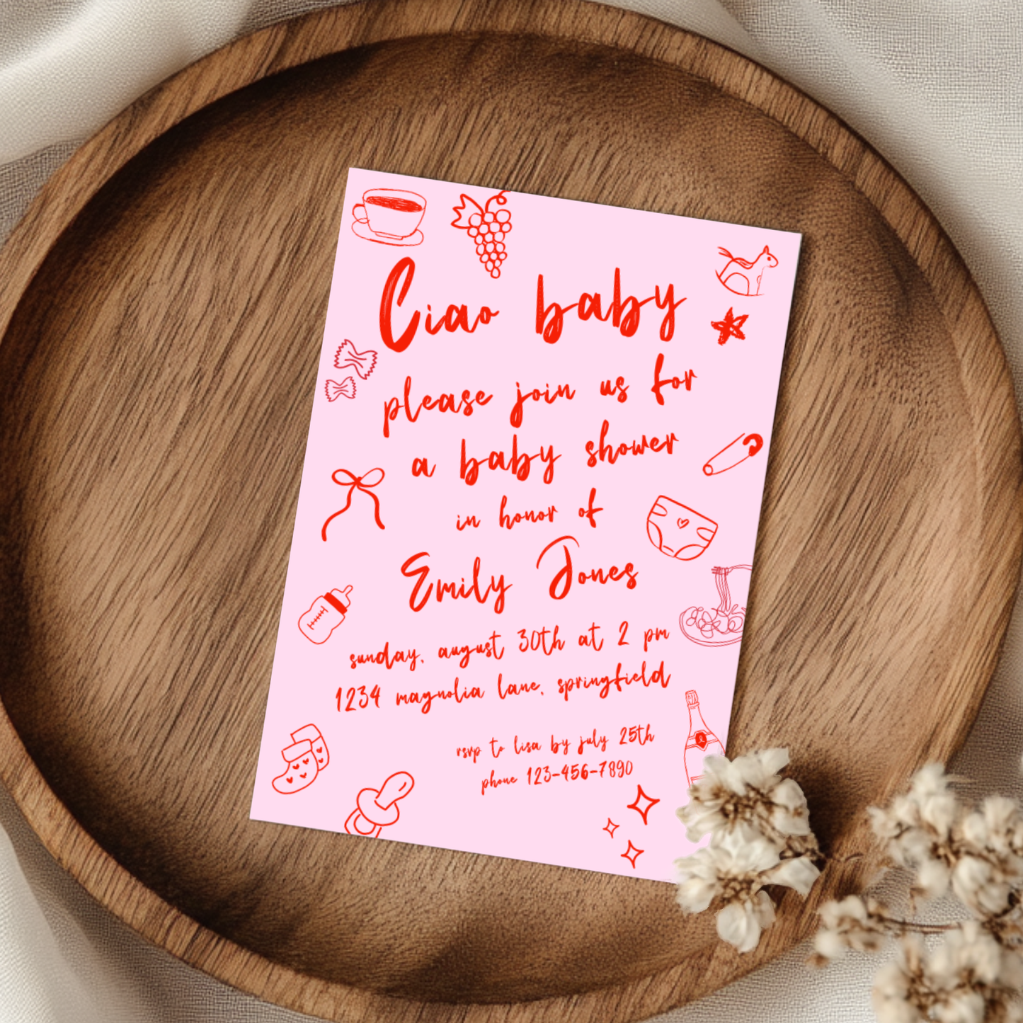 Baby Shower Invitation - Ciao Baby Italian Pink Bambina Lunch Dinner Party BS119