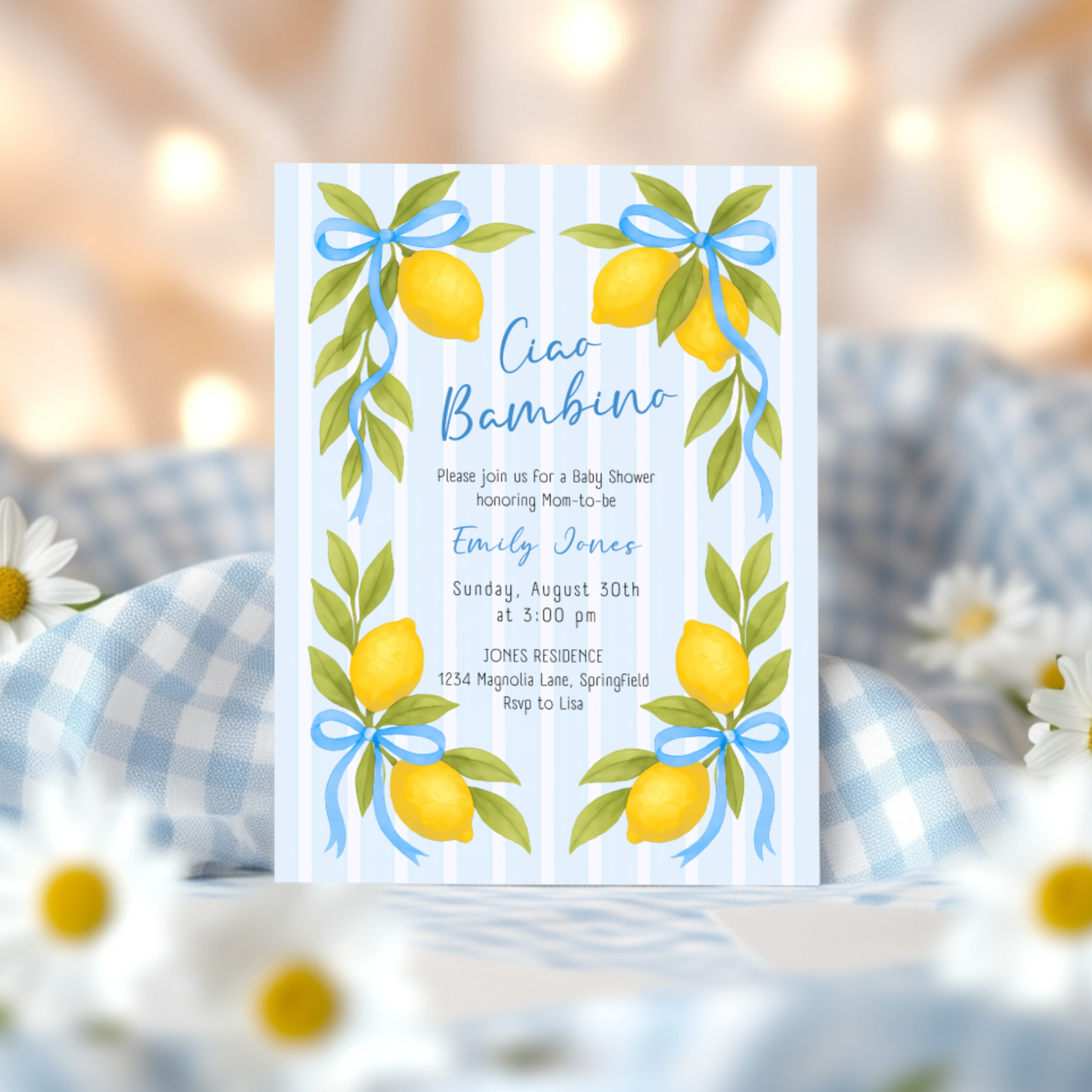 Baby Shower Invitation - Ciao Bambino Lemon & Blue Bows BS173