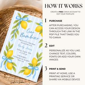 Baby Shower Invitation - Ciao Bambino Lemon & Blue Bows BS173