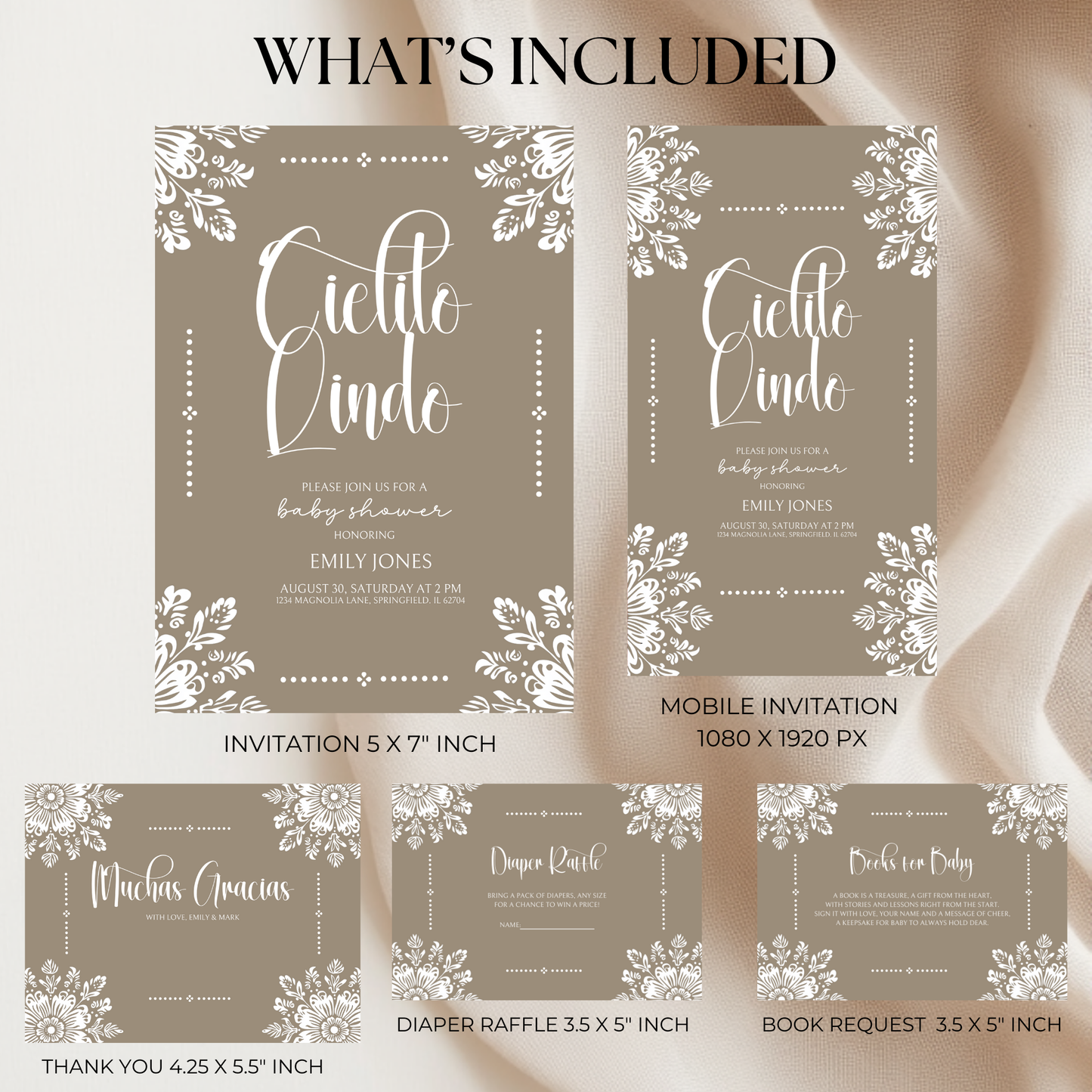 Baby Shower Invitation Bundle - Cielito Lindo Mexican Folk Style Beige Brown BS56