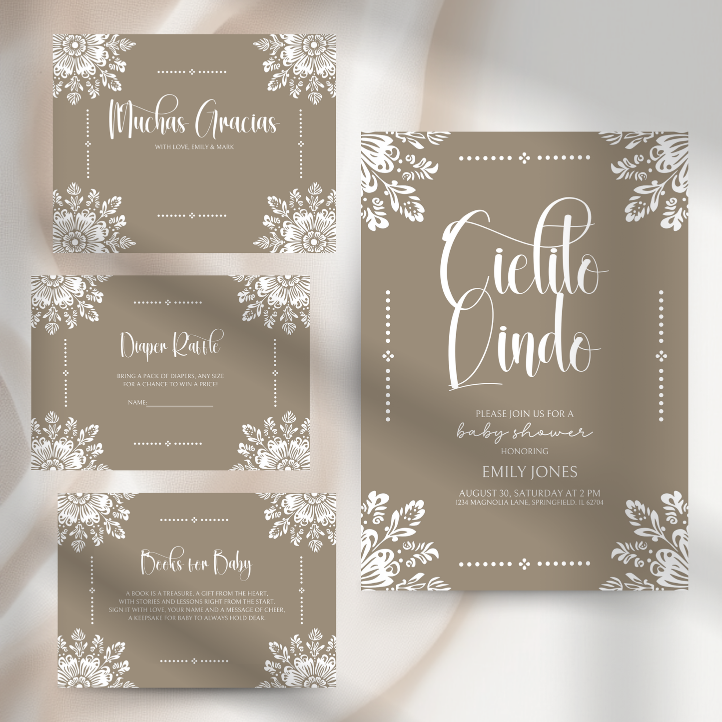 Baby Shower Invitation Bundle - Cielito Lindo Mexican Folk Style Beige Brown BS56