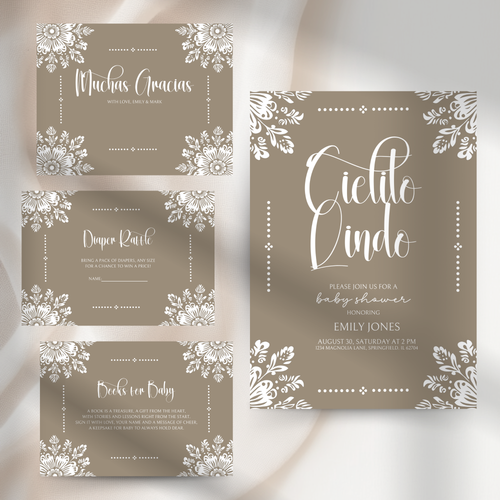 Baby Shower Invitation Bundle - Cielito Lindo Mexican Folk Style Beige Brown BS56