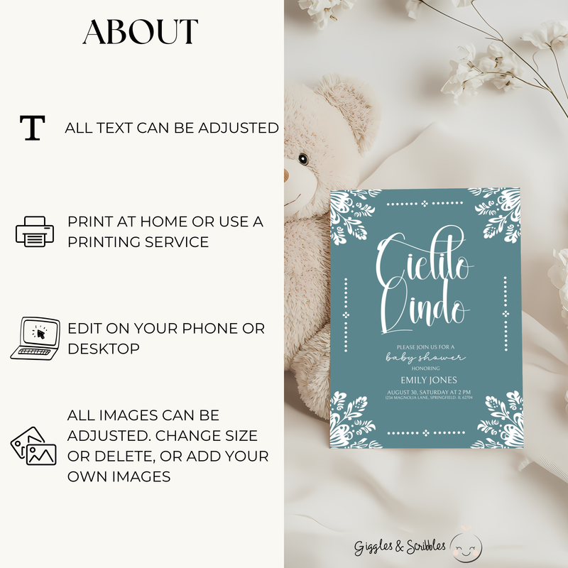 Baby Shower Invitation Bundle - Cielito Lindo Teal Blue Mexican Style BS53