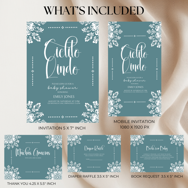 Baby Shower Invitation Bundle - Cielito Lindo Teal Blue Mexican Style BS53
