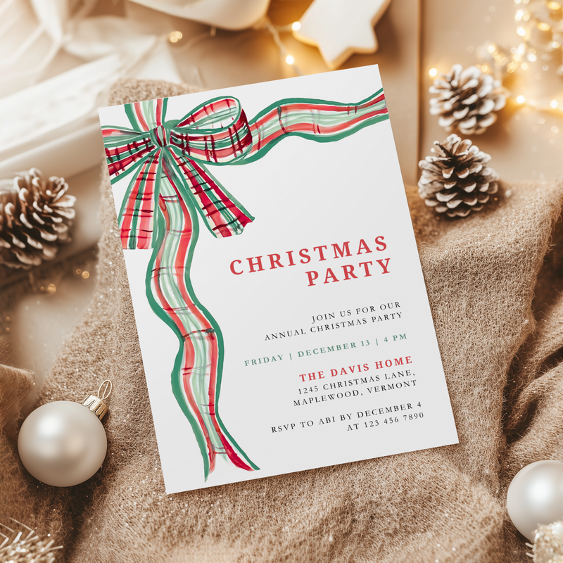 Green Red Bow Traditional Christmas Party Invitation Template L57