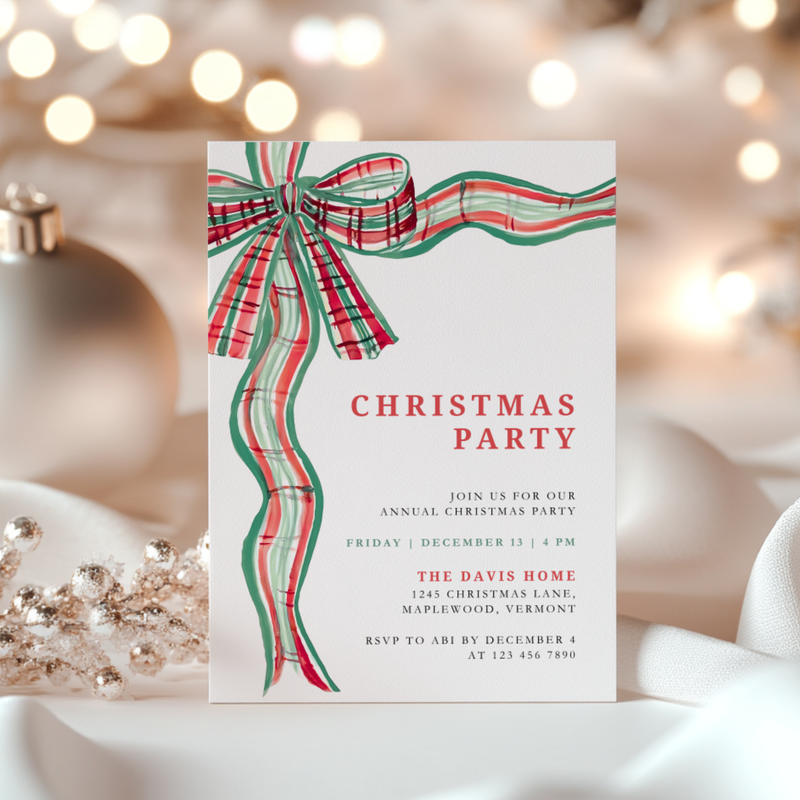 Green Red Bow Traditional Christmas Party Invitation Template L57