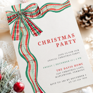 Green Red Bow Traditional Christmas Party Invitation Template L57