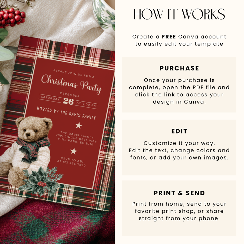 Classic Christmas Polo Bear Invitation - Editable Template L60