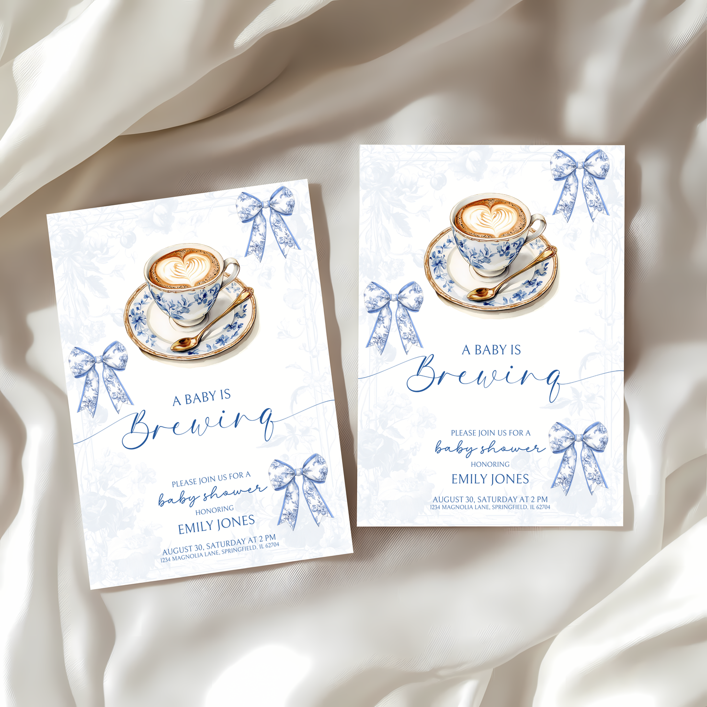 Baby Shower Invitation Bundle - Baby Is Brewing Blue Toile de Jouy BS62