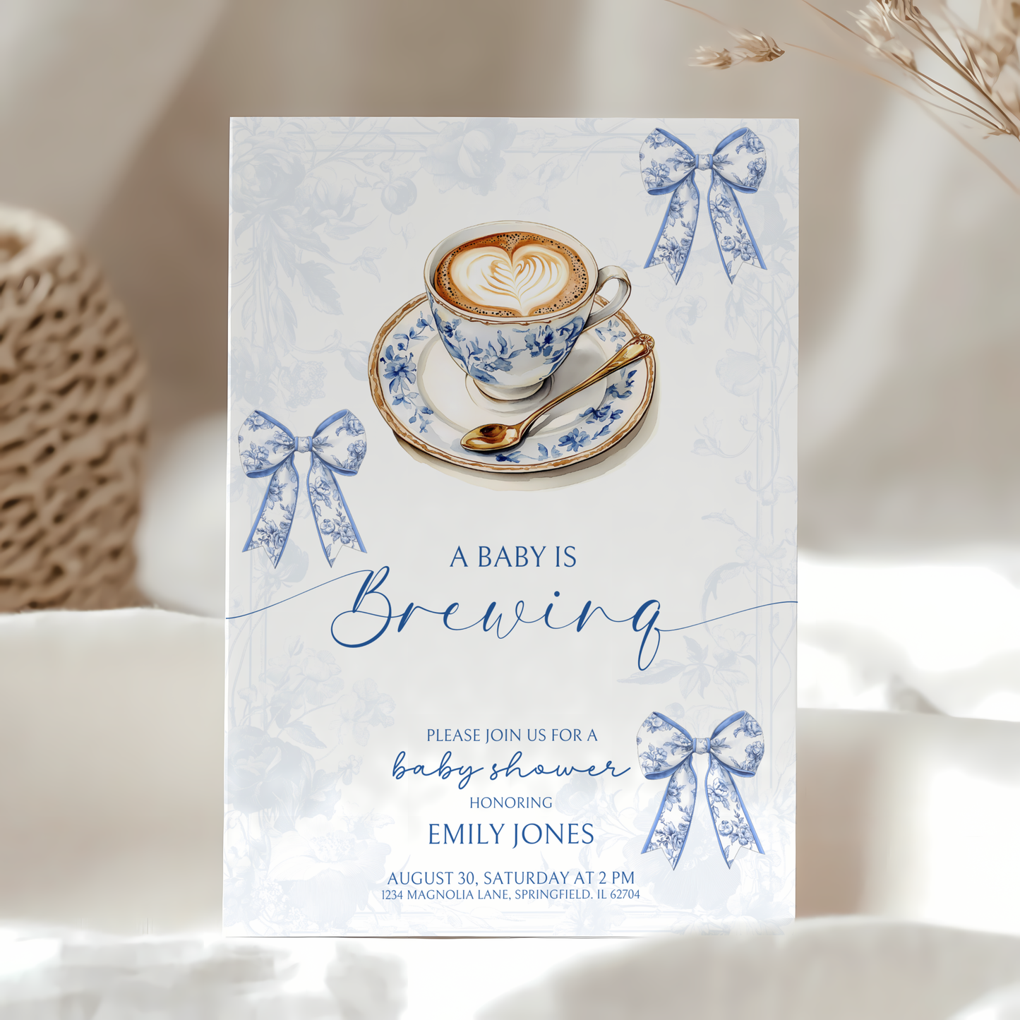 Baby Shower Invitation Bundle - Baby Is Brewing Blue Toile de Jouy BS62