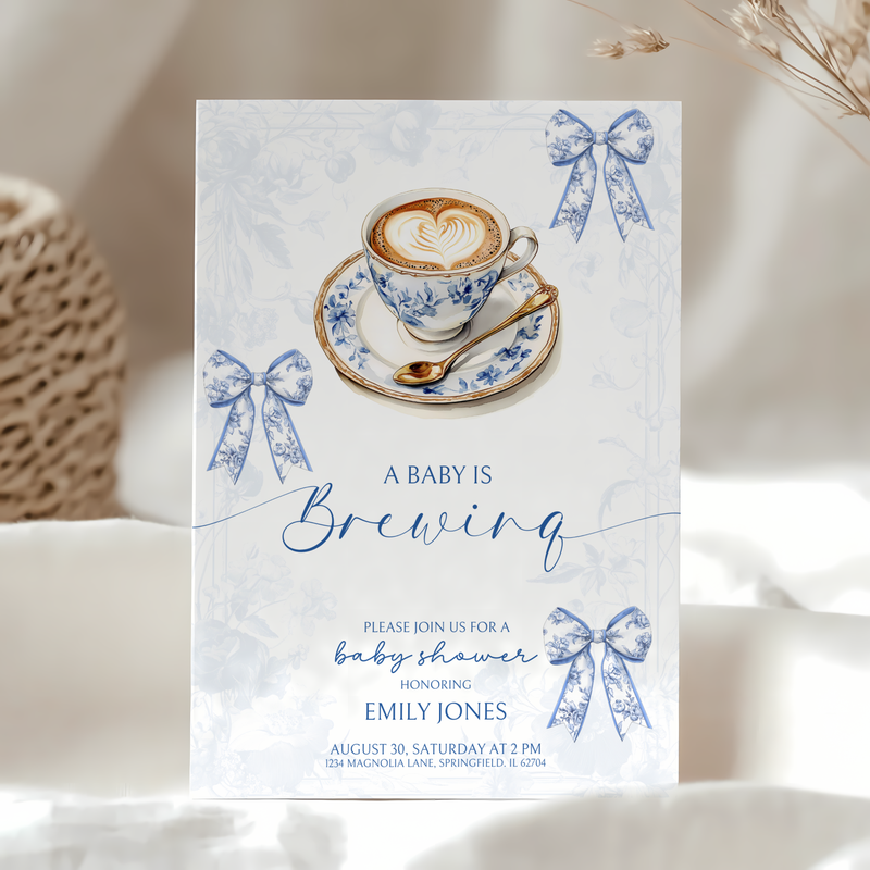 Baby Shower Invitation Bundle - Baby Is Brewing Blue Toile de Jouy BS62