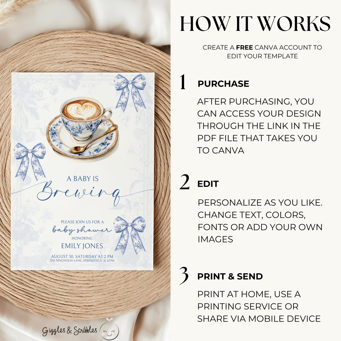 Baby Shower Invitation Bundle - Baby Is Brewing Blue Toile de Jouy BS62