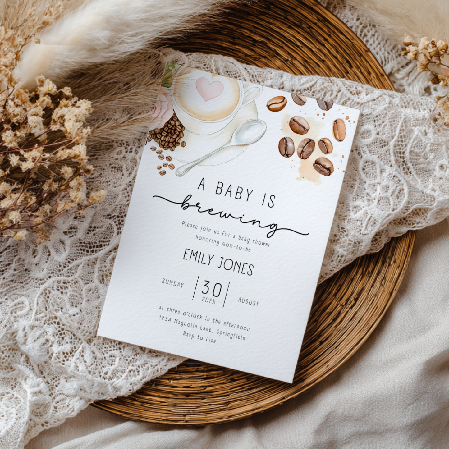 Baby Shower Invitation - Coffee Bean A Baby Is Brewing Latte Art BS183