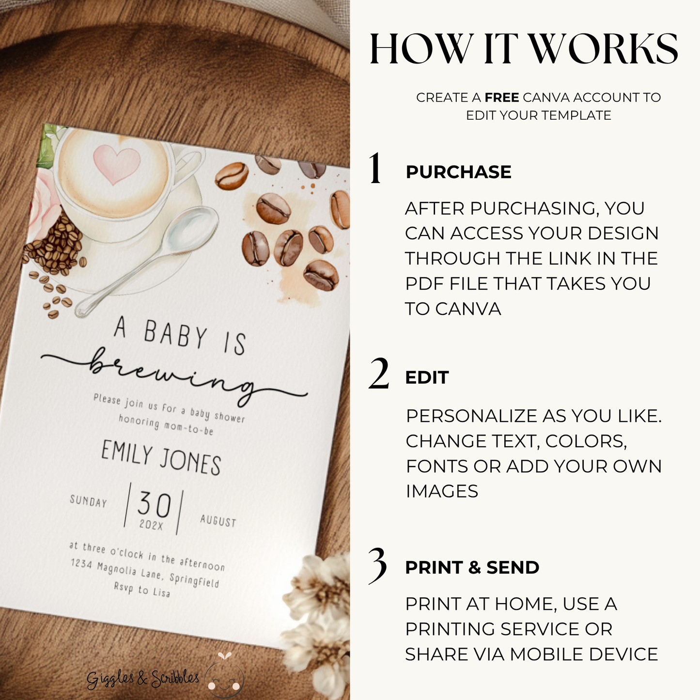 Baby Shower Invitation - Coffee Bean A Baby Is Brewing Latte Art BS183