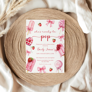 Baby Shower Invitation - Pink Popsicle Berry Sweet Candy Coquette Bow She's Ready To Pop BS144