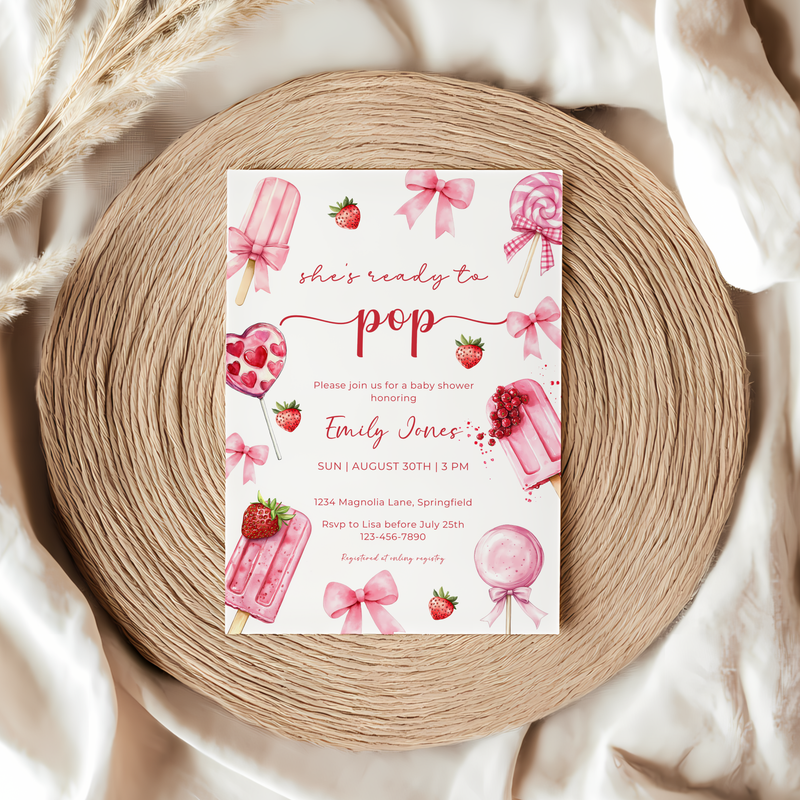 Baby Shower Invitation - Pink Popsicle Berry Sweet Candy Coquette Bow She's Ready To Pop BS144