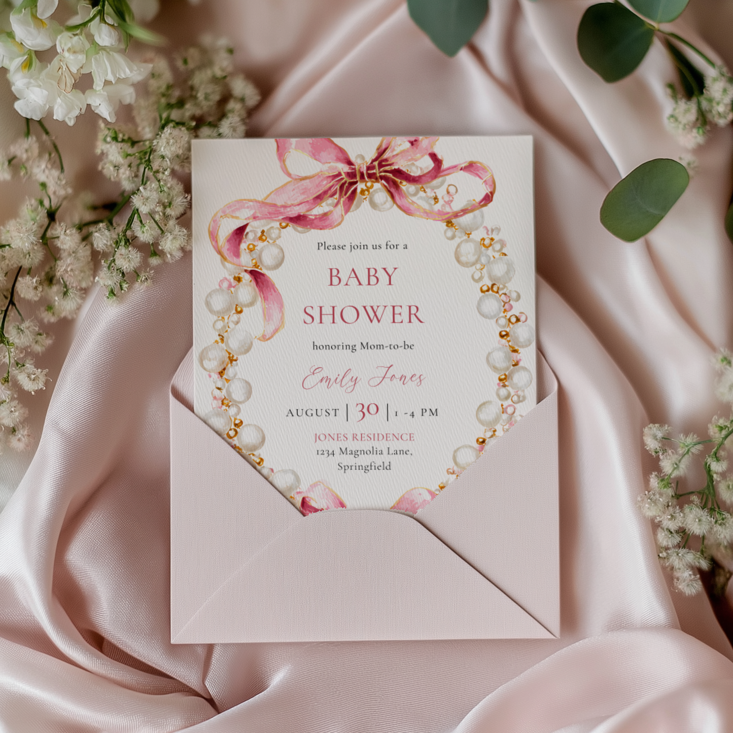 Baby Shower Invitation - Pink Coquette Bows with Pearls BS162