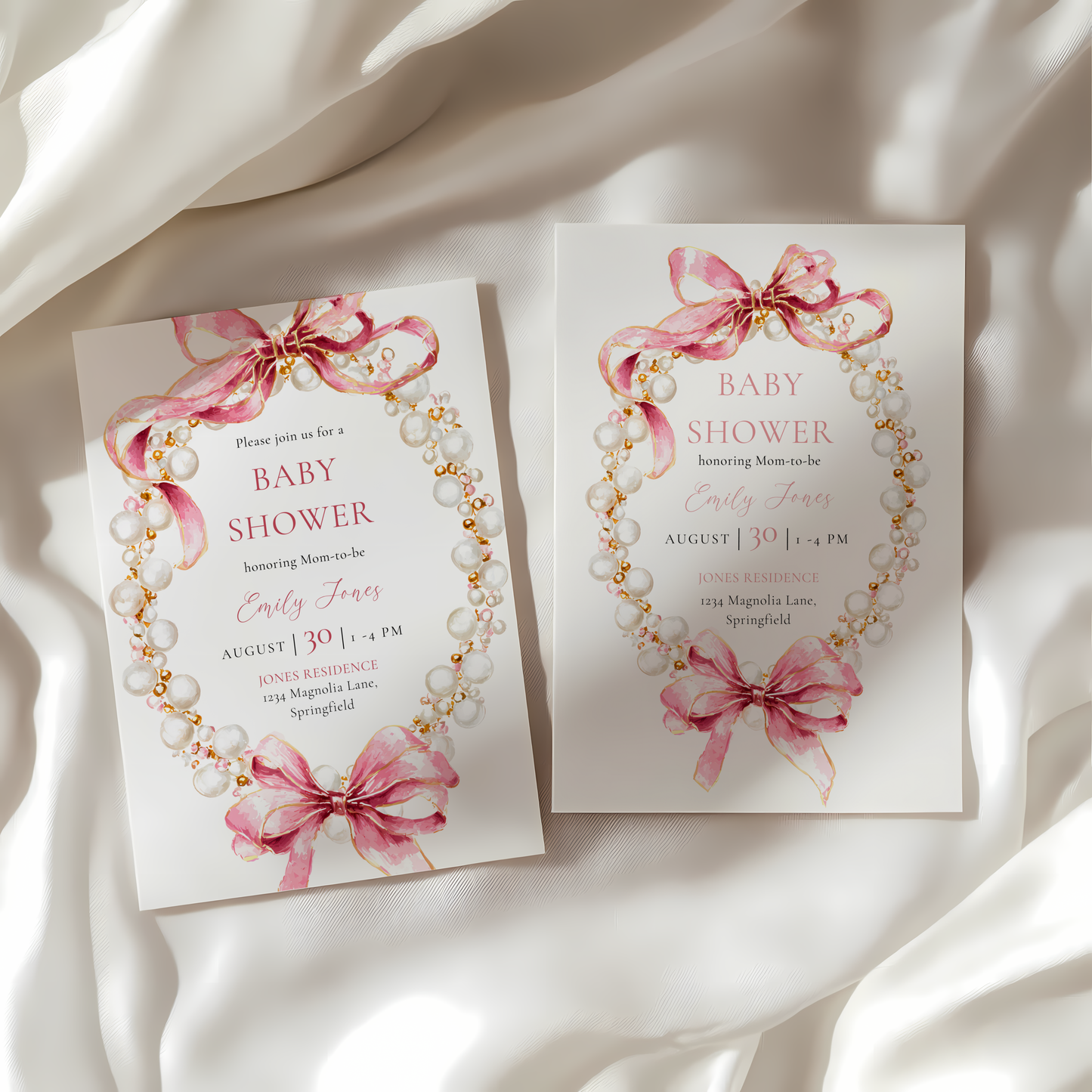 Baby Shower Invitation - Pink Coquette Bows with Pearls BS162