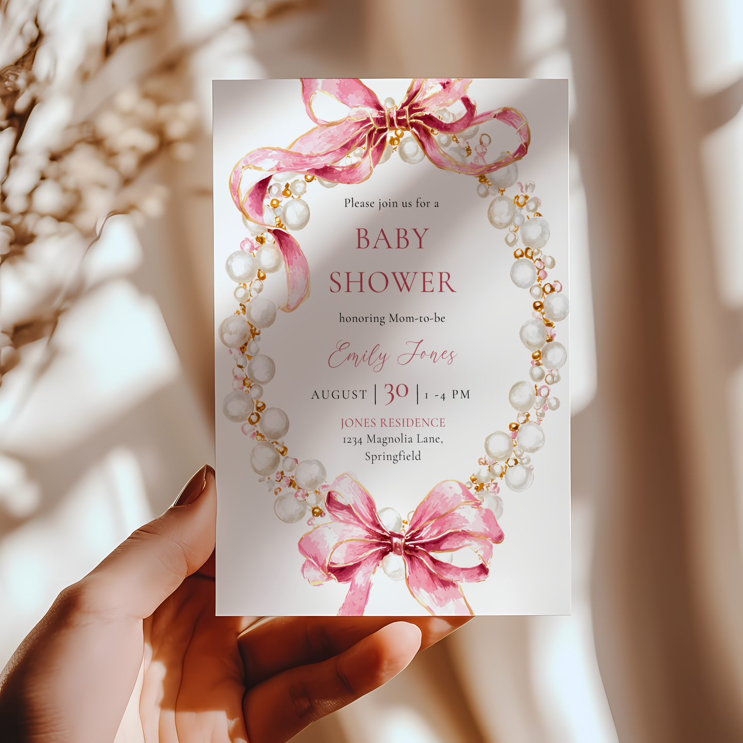 Baby Shower Invitation - Pink Coquette Bows with Pearls BS162