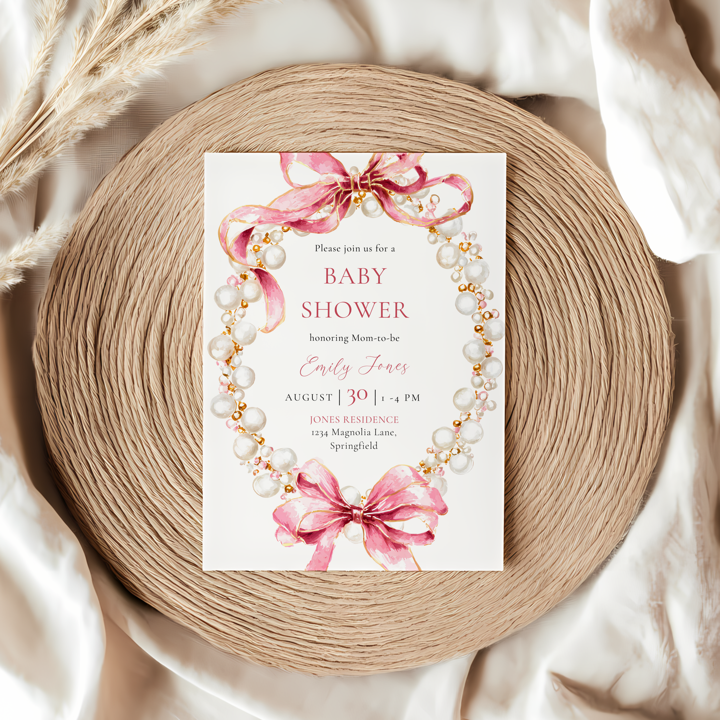 Baby Shower Invitation - Pink Coquette Bows with Pearls BS162