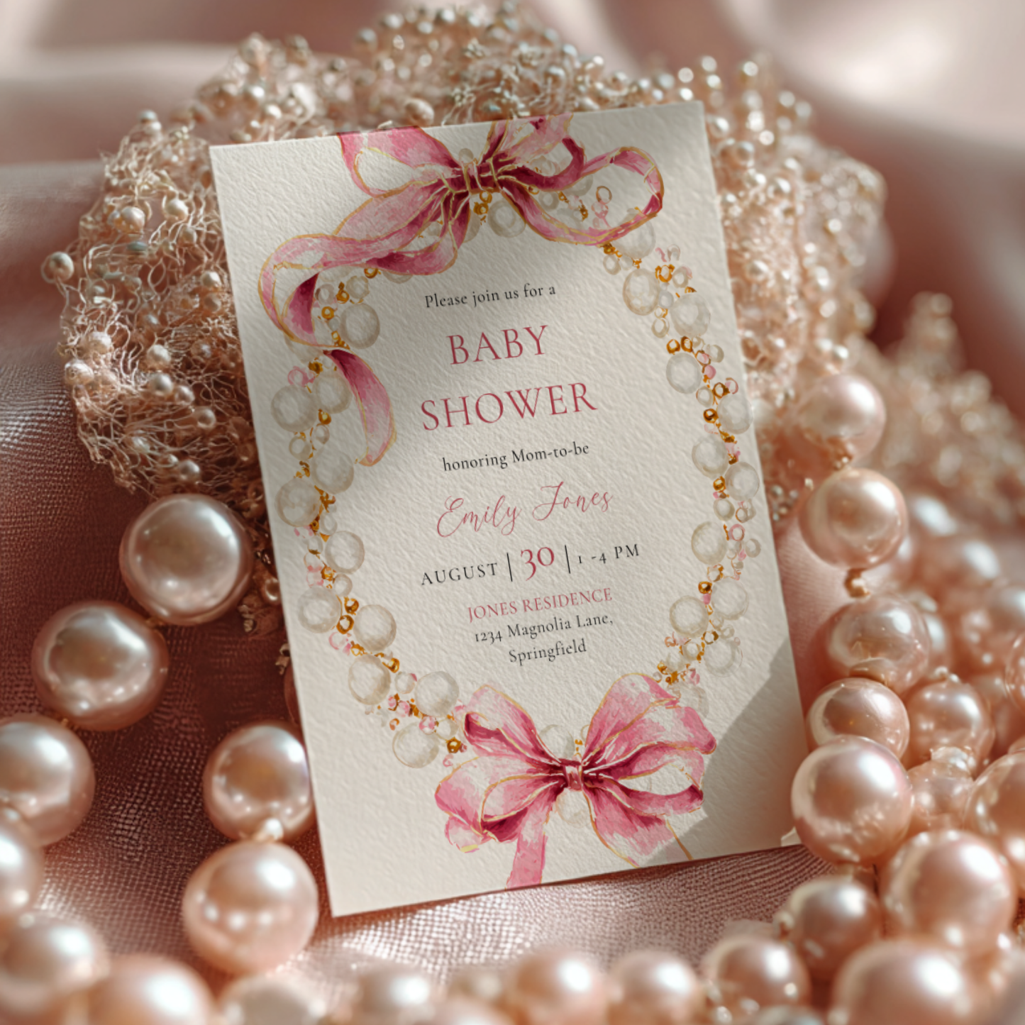 Baby Shower Invitation - Pink Coquette Bows with Pearls BS162