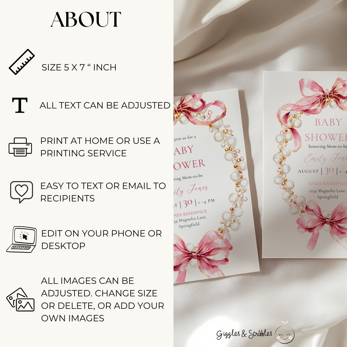 Baby Shower Invitation - Pink Coquette Bows with Pearls BS162