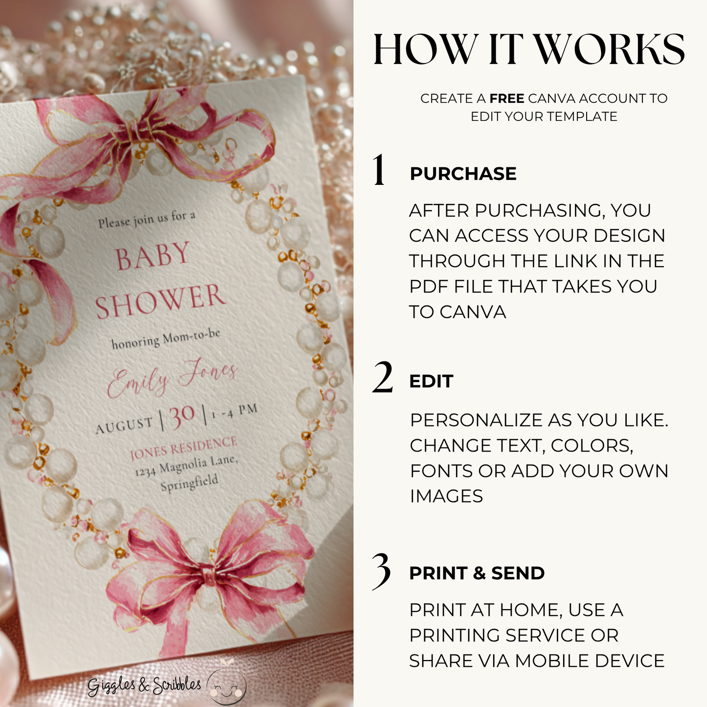 Baby Shower Invitation - Pink Coquette Bows with Pearls BS162