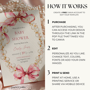 Baby Shower Invitation - Pink Coquette Bows with Pearls BS162