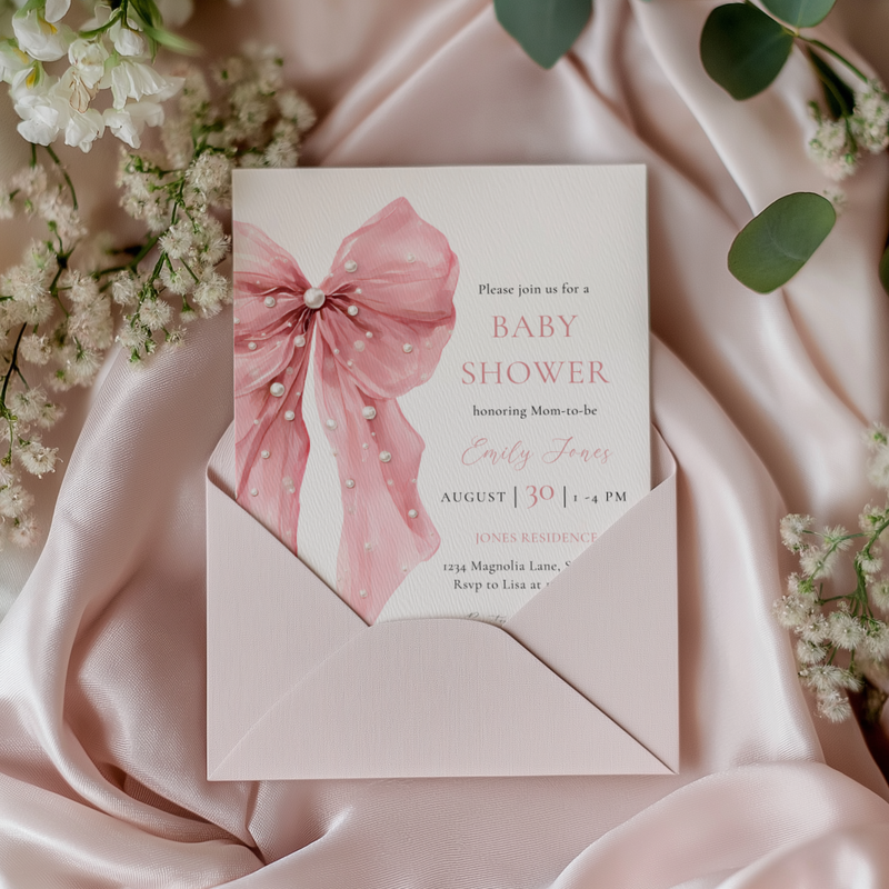 Baby Shower Invitation - Pink Bow with Coquette Pearls BS164