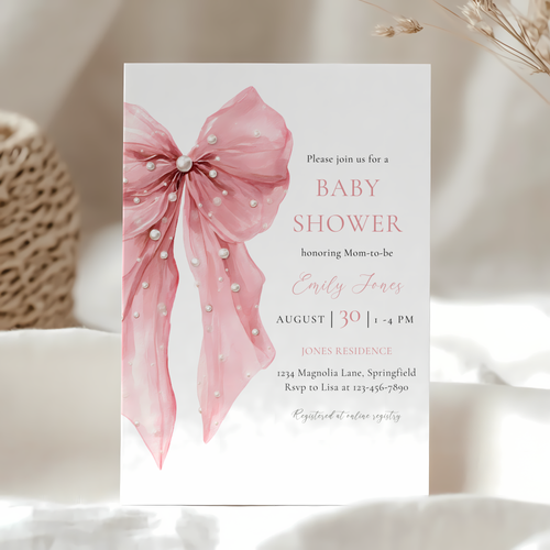 Baby Shower Invitation - Pink Bow with Coquette Pearls BS164