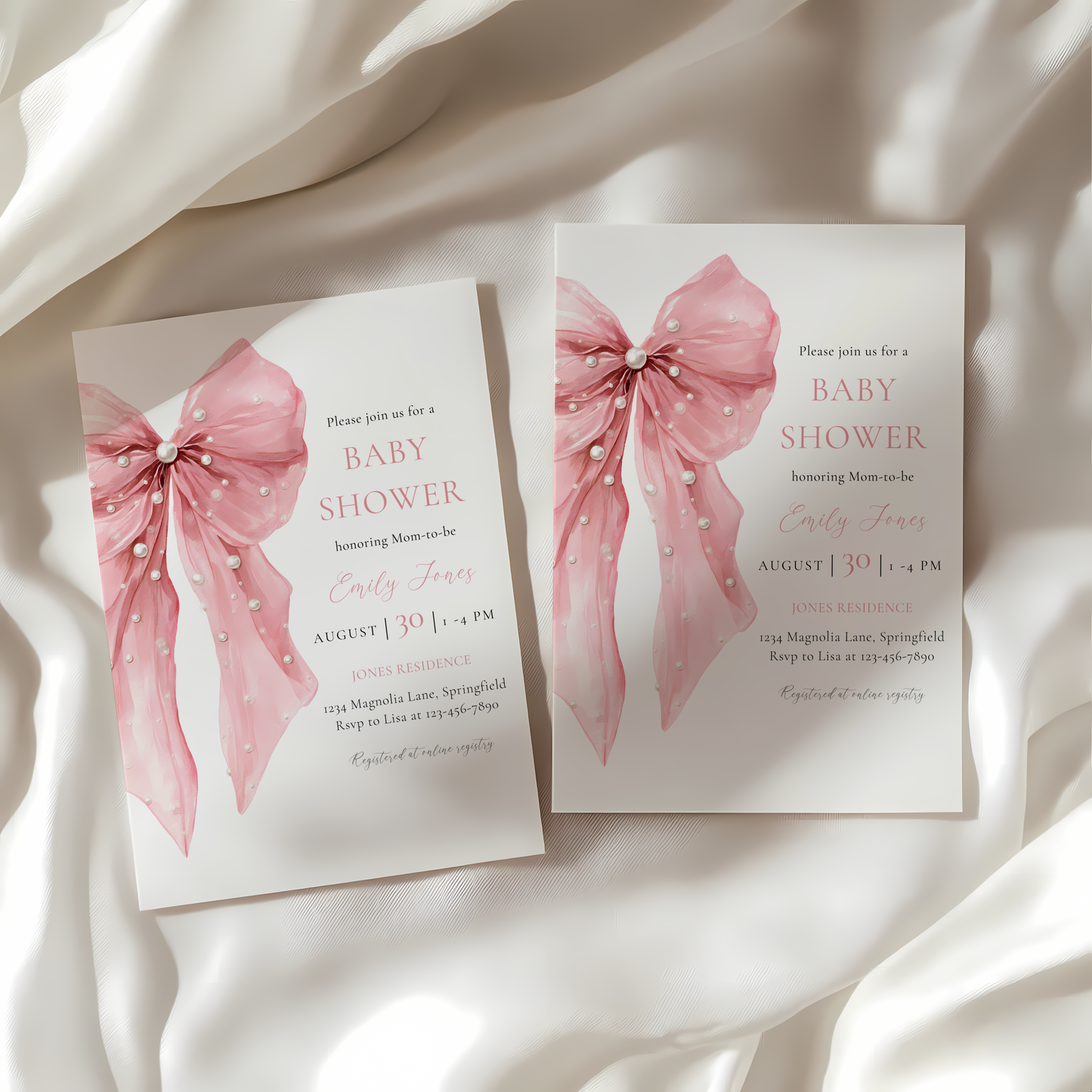Baby Shower Invitation - Pink Bow with Coquette Pearls BS164