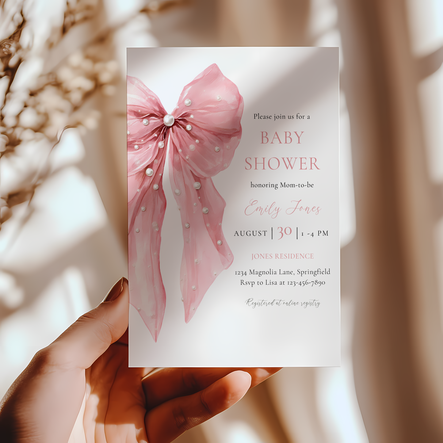 Baby Shower Invitation - Pink Bow with Coquette Pearls BS164