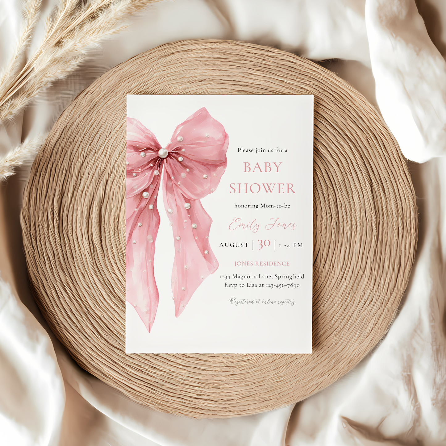 Baby Shower Invitation - Pink Bow with Coquette Pearls BS164