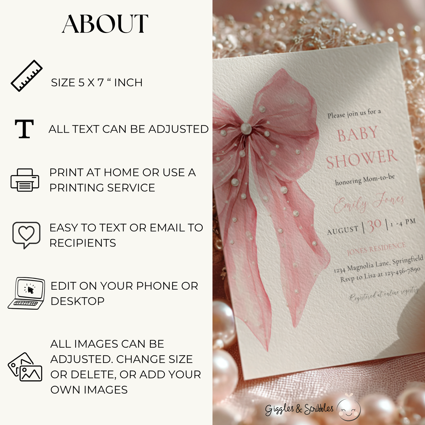 Baby Shower Invitation - Pink Bow with Coquette Pearls BS164