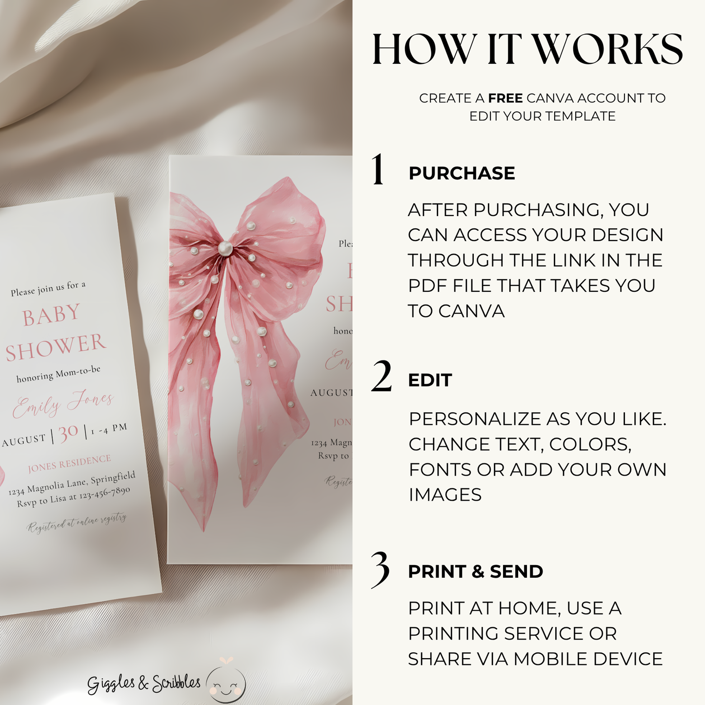 Baby Shower Invitation Bundle - Pink Bow & Pearls Coquette Elegant BS164