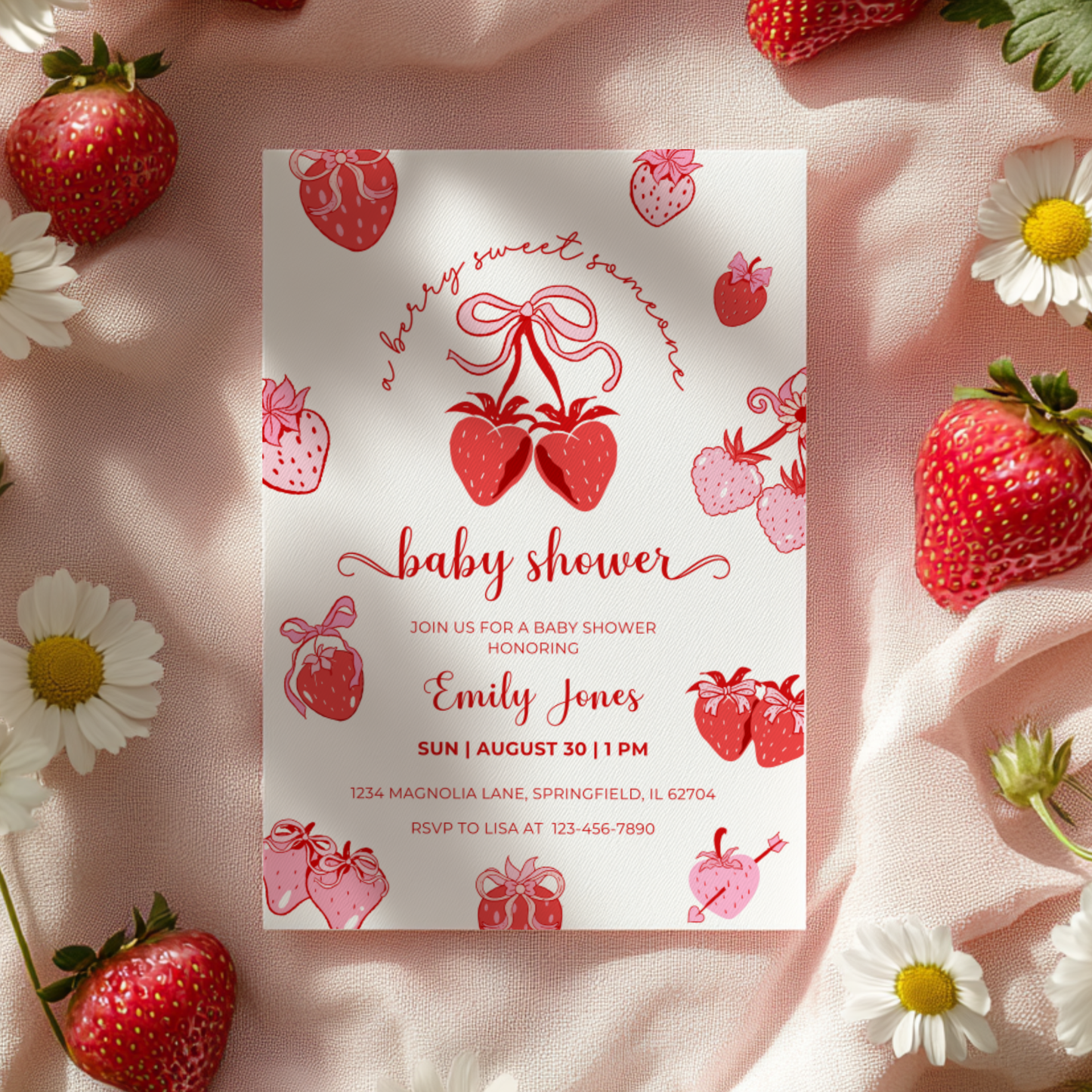 Baby Shower Invitation - Cute Strawberry Berry Sweet Coquette Pink Red Bow BS152