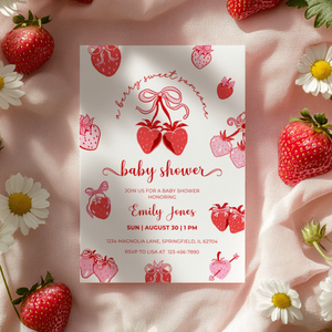 Baby Shower Invitation - Cute Strawberry Berry Sweet Coquette Pink Red Bow BS152