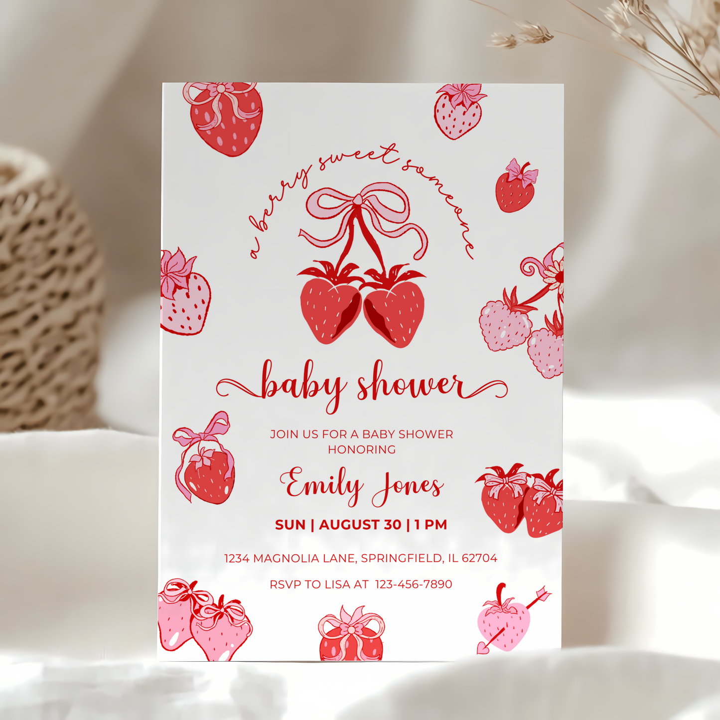 Baby Shower Invitation - Cute Strawberry Berry Sweet Coquette Pink Red Bow BS152