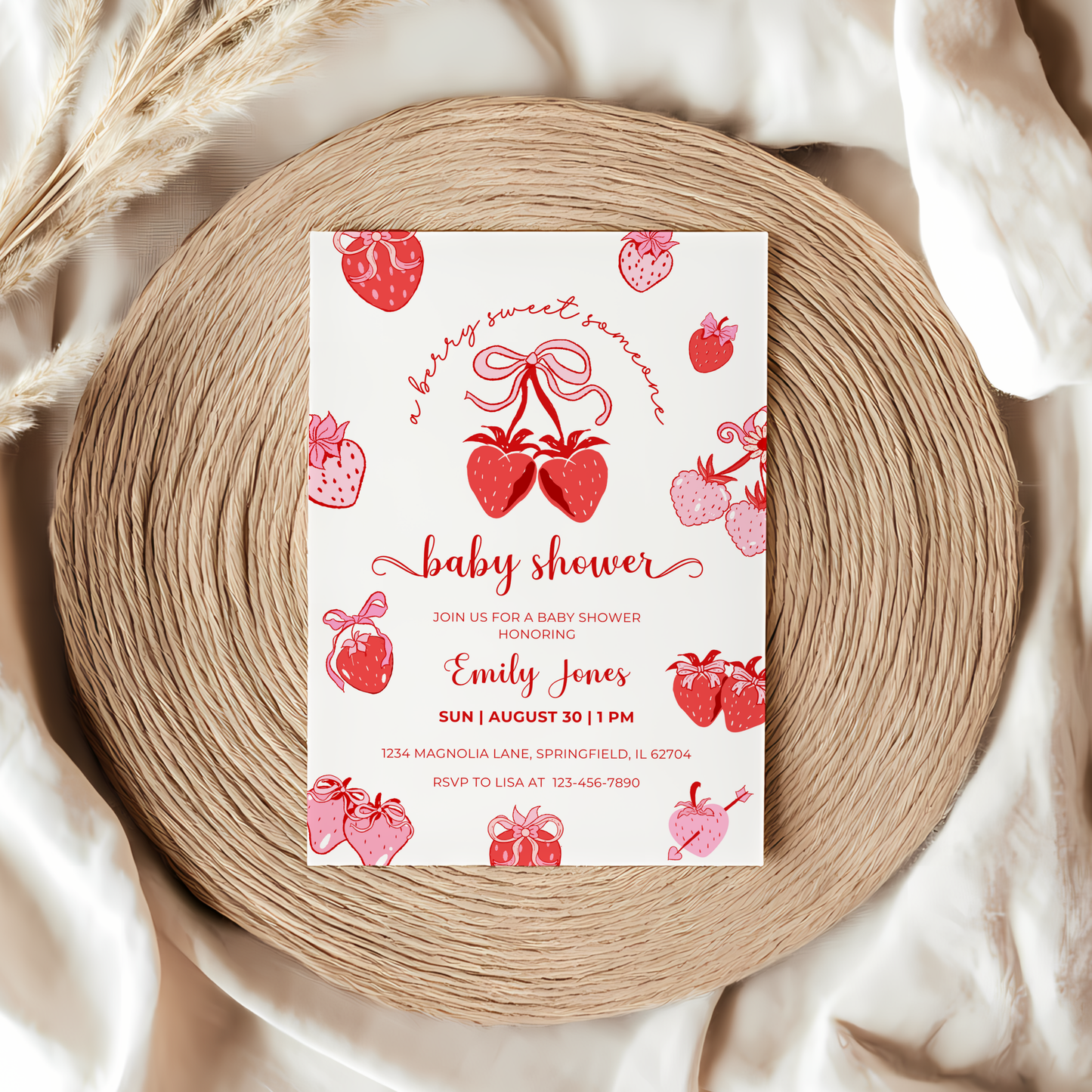 Baby Shower Invitation - Cute Strawberry Berry Sweet Coquette Pink Red Bow BS152